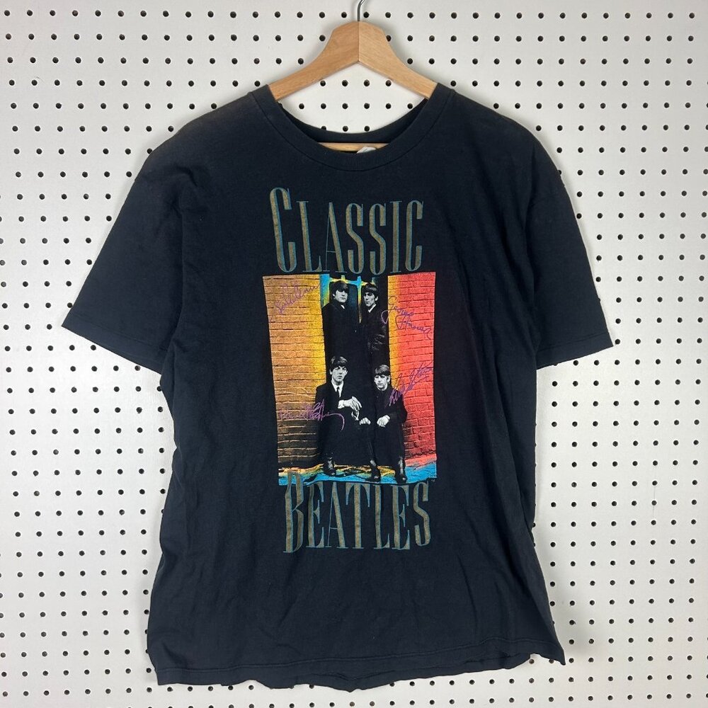 Classic Beatles Vtg Band T Shirt Large Black Double Sided Graphic Hanes John